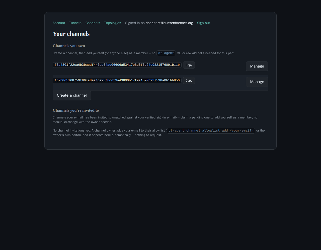 The portal's 'Your channels' page, showing two owned channel ids each with a Copy button and a Manage button, plus a separate 'Channels you're invited to' section.
