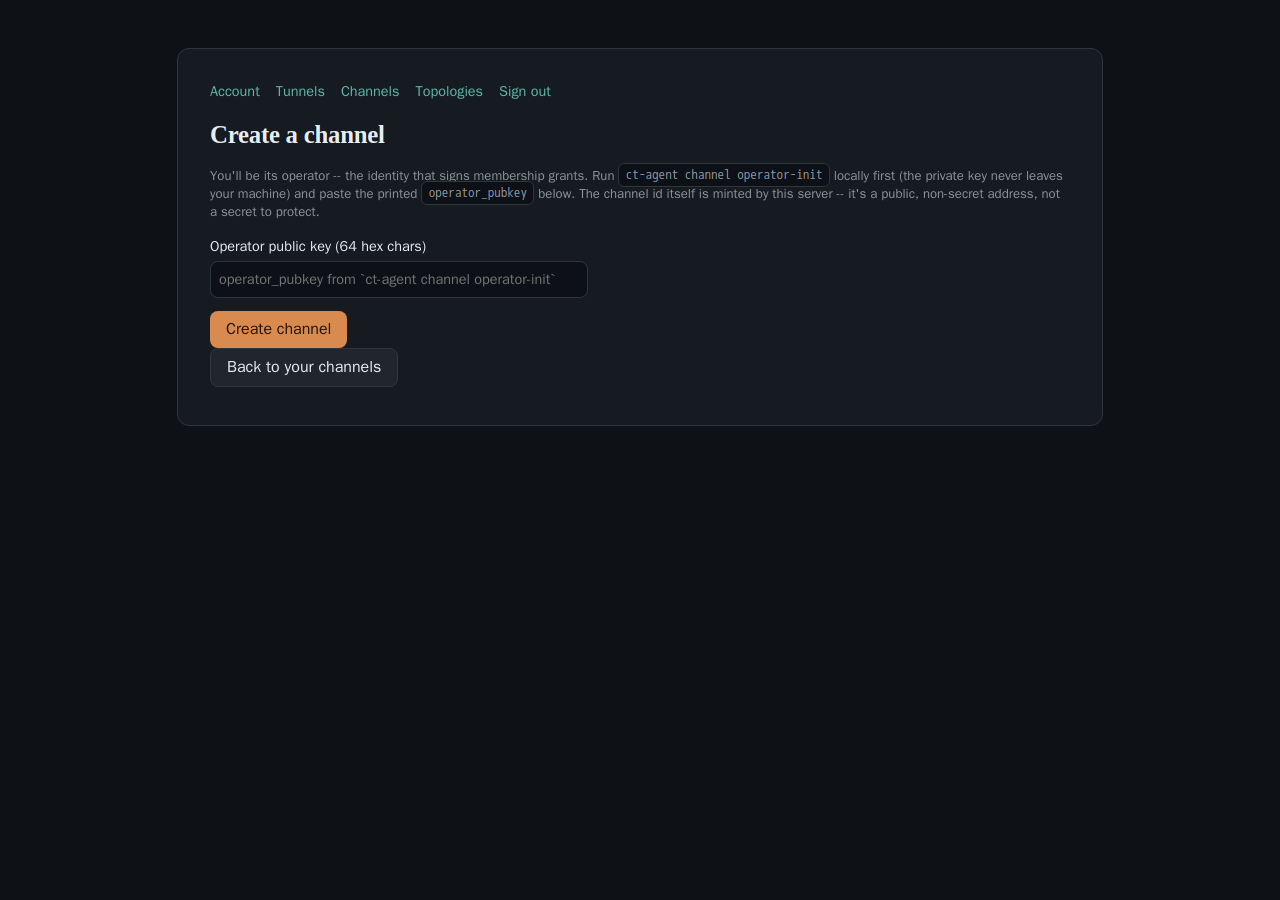 The portal's Create a channel page, with a single Operator public key input field and a Create channel button.