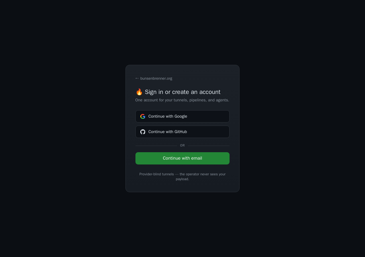 The bunsenbrenner.org portal sign-in shell, with Continue with Google, Continue with GitHub, and Continue with email options.