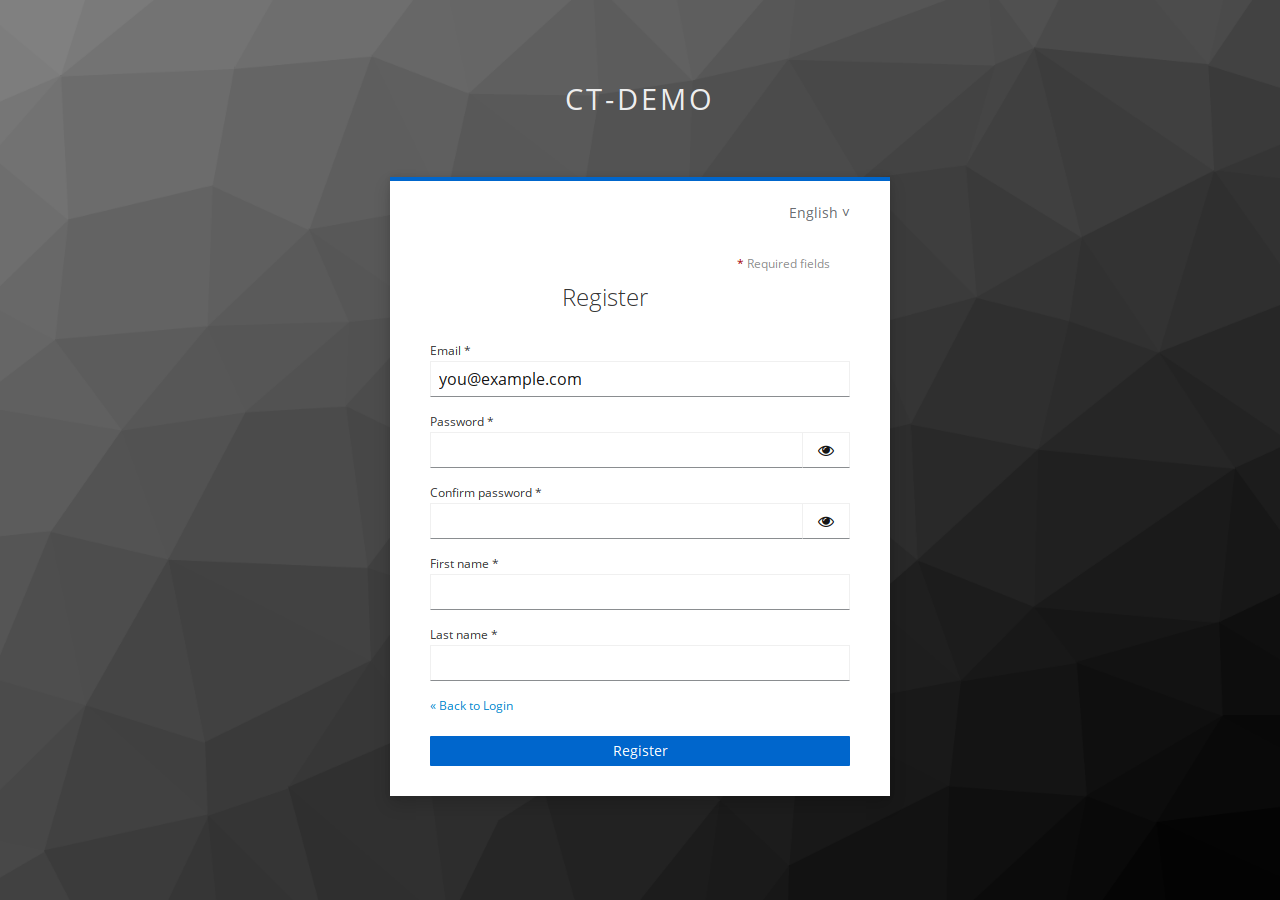 Keycloak's registration form, with the email address already filled in from the landing page.