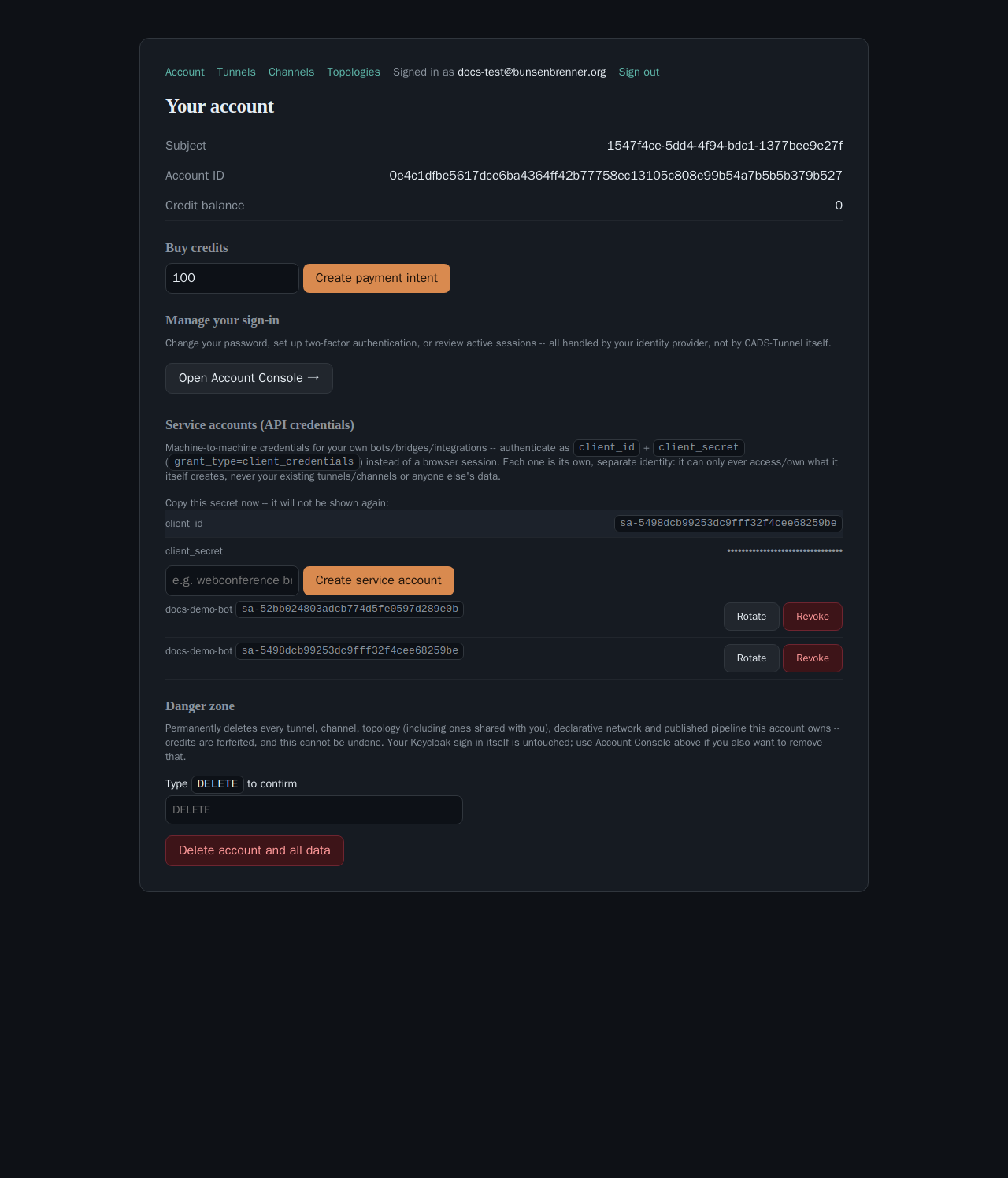 The Service accounts section after creating one: a one-time reveal showing client_id and a redacted client_secret, and the new account listed below with Rotate and Revoke buttons.