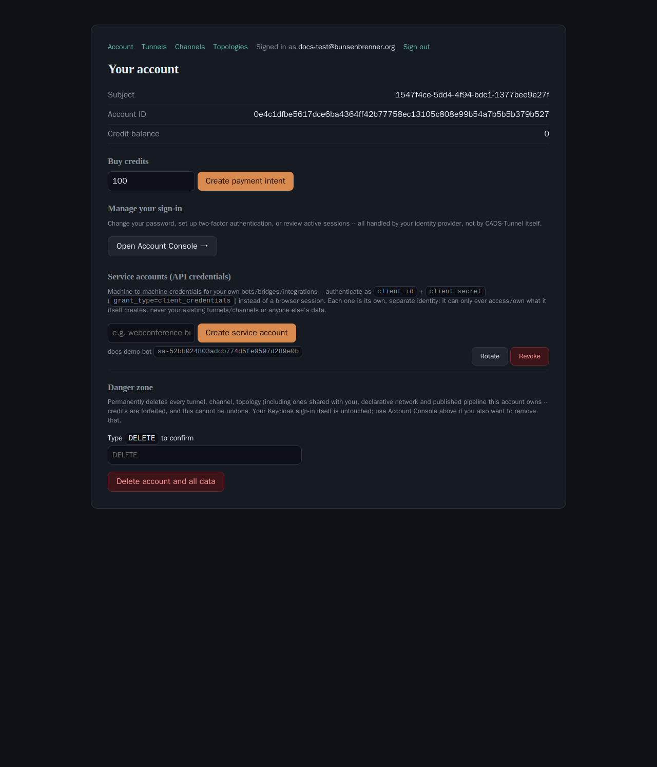 The portal account page's Service accounts section: a name input, a Create service account button, and 'No service accounts yet.'