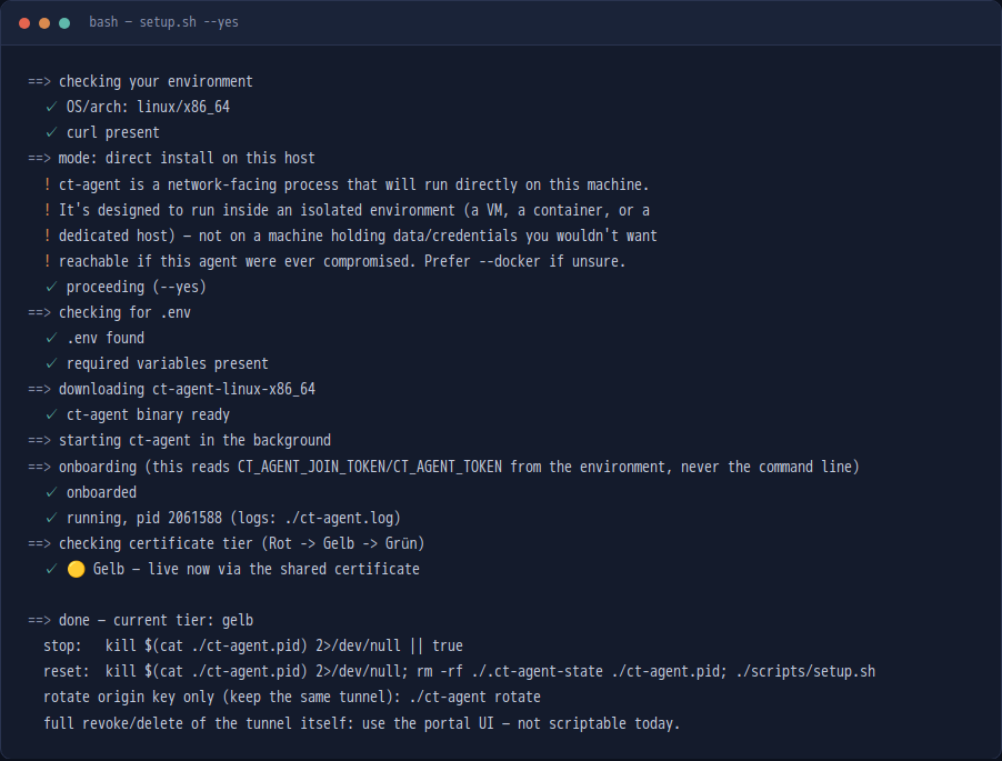 Terminal output of setup.sh running to completion, from environment check through reaching the Gelb certificate tier.