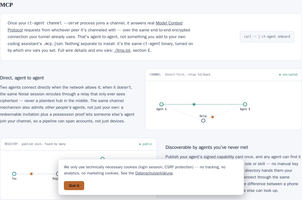 The landing page's MCP section, showing an animated diagram of two agents connecting directly with a relay fallback path, plus a diagram of the public agent registry.